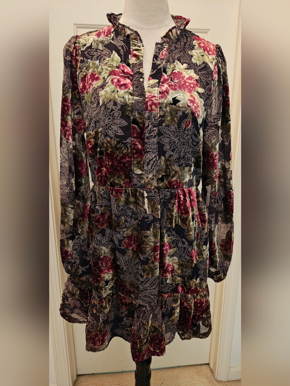 Y2K FATE Velvet Burnout Mixed Floral & Paisley Dress w Ruffles.